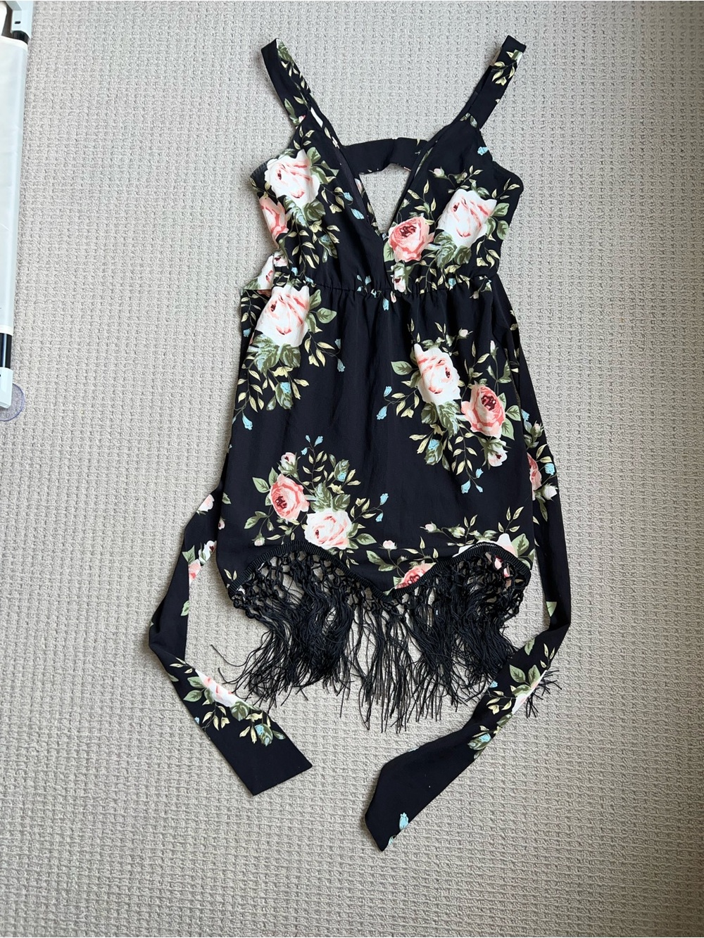 PrettyLittleThing Black Floral Fringe Mini Dress | Size 6